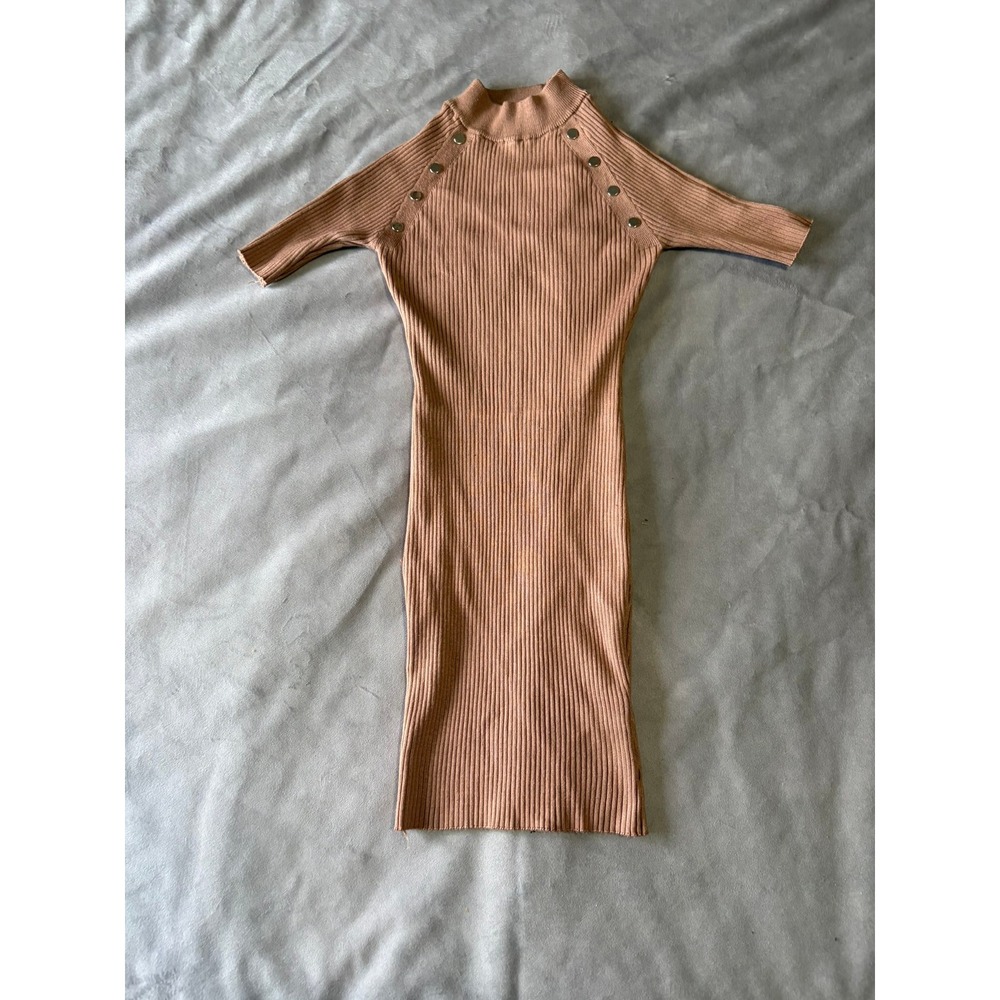 Say What? Tan Ribbed Mock Neck Bodycon Midi Dress with Button Detail Size M